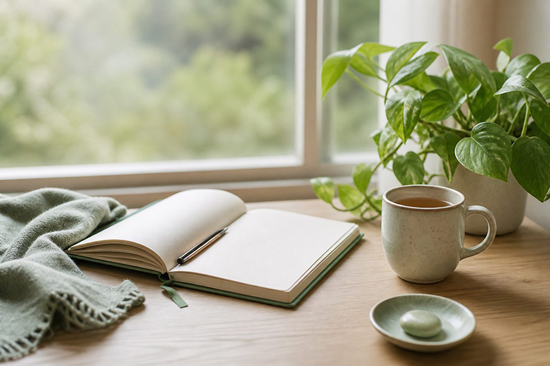 安靜的書桌、茶杯和筆記本組成的情緒照護場景